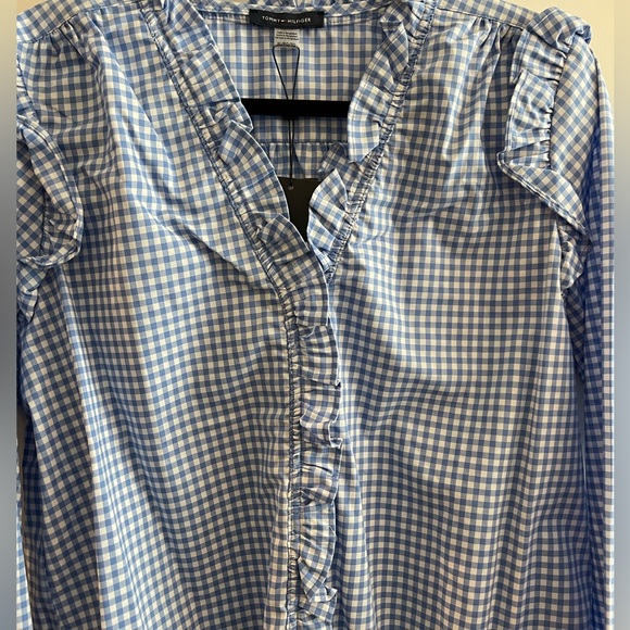 Tommy Hilfiger Women's Gingham Light Blue and White with Ruffles Blouse Size XL - Picture 6 of 9